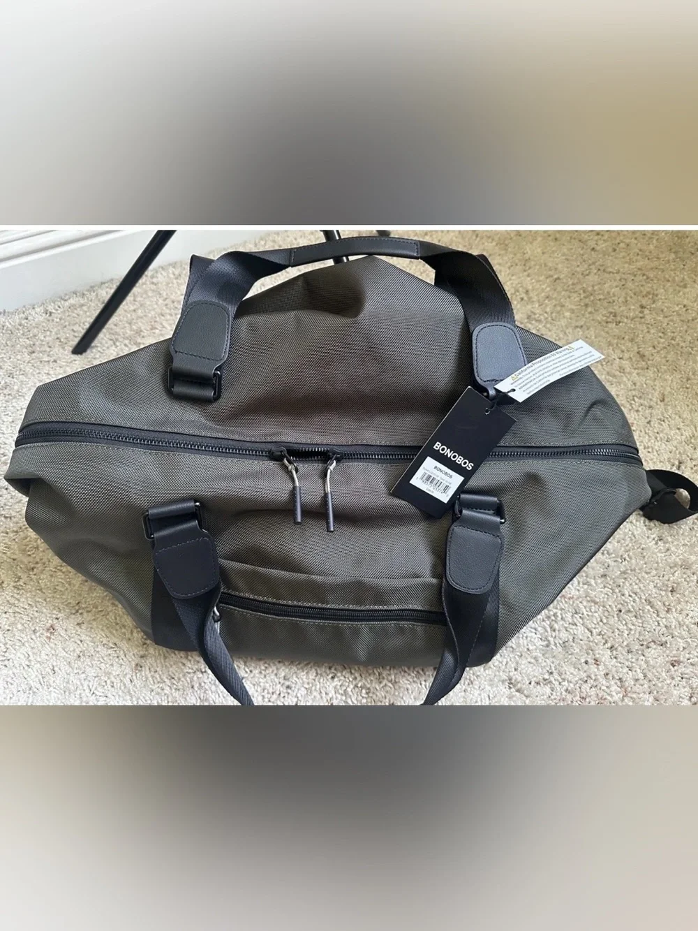 Bonobos Ballistic Nylon Duffle Bag in Olive•Leather Accents•Adjustable Strap•NWT